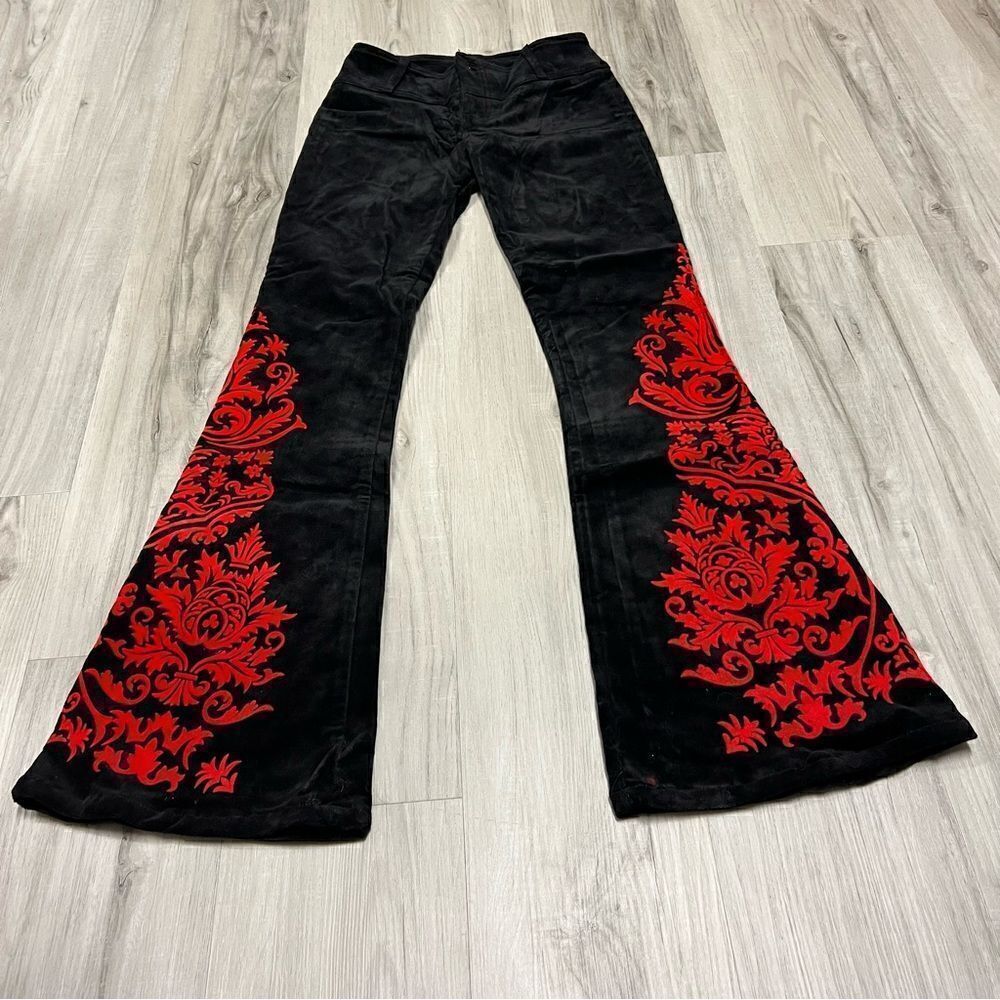 Vintage JNCO flare leg pants in black velvet with red gothic velvet bottoms sz 3